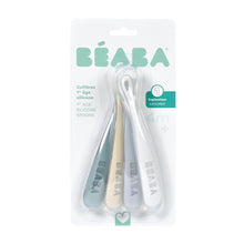 Load image into Gallery viewer, Beaba 1st Stage Silicone Spoons 4 Pack - Pebble/Cloud Blue/Baltic Blue/Clay
