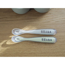 Load image into Gallery viewer, Beaba 1st Stage Silicone Spoon Travel Twin Set with Case - Velvet Grey/ Sage Green