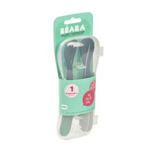 Load image into Gallery viewer, Beaba 1st Stage Silicone Spoons Two-tone Travel Set (with case) - Mineral/Sage green
