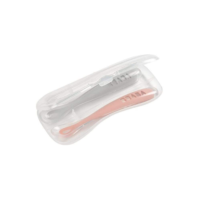 Beaba 1st Stage Silicone Spoon & Case 2 Pack - Light Mist/Old Pink