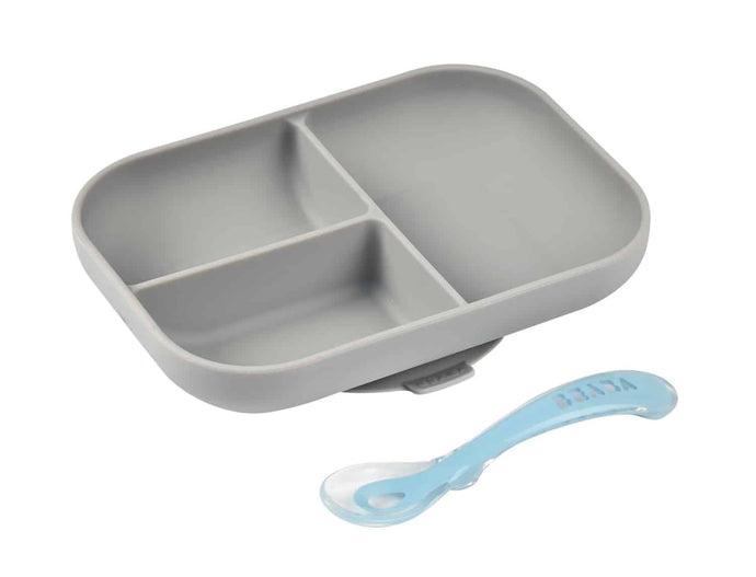 Beaba Silicone Suction Divided Plate & Spoon - Grey