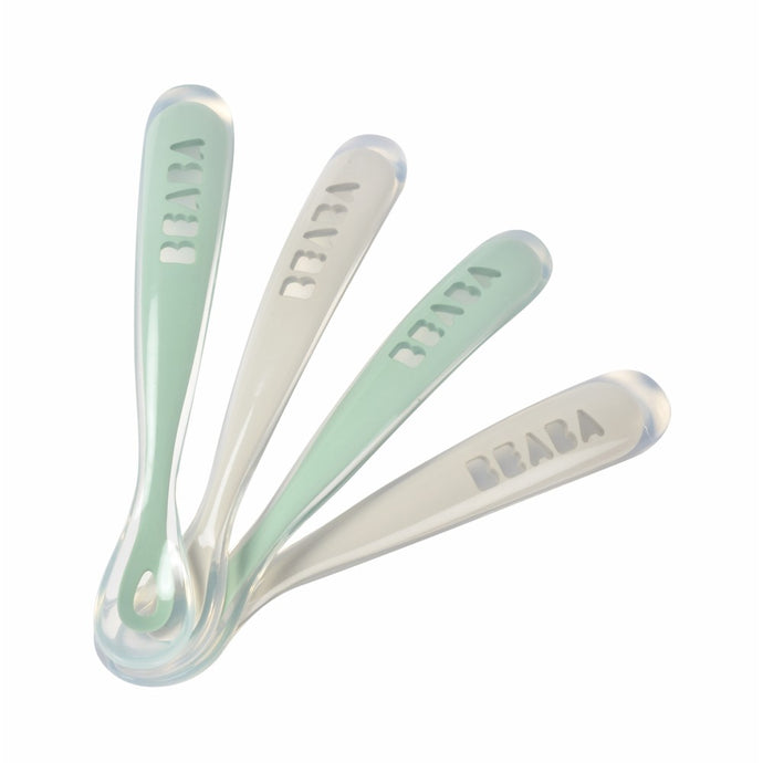 Beaba Ergonomic 1st Age Silicone Spoons (Set of 4) - Velvet grey/Sage green