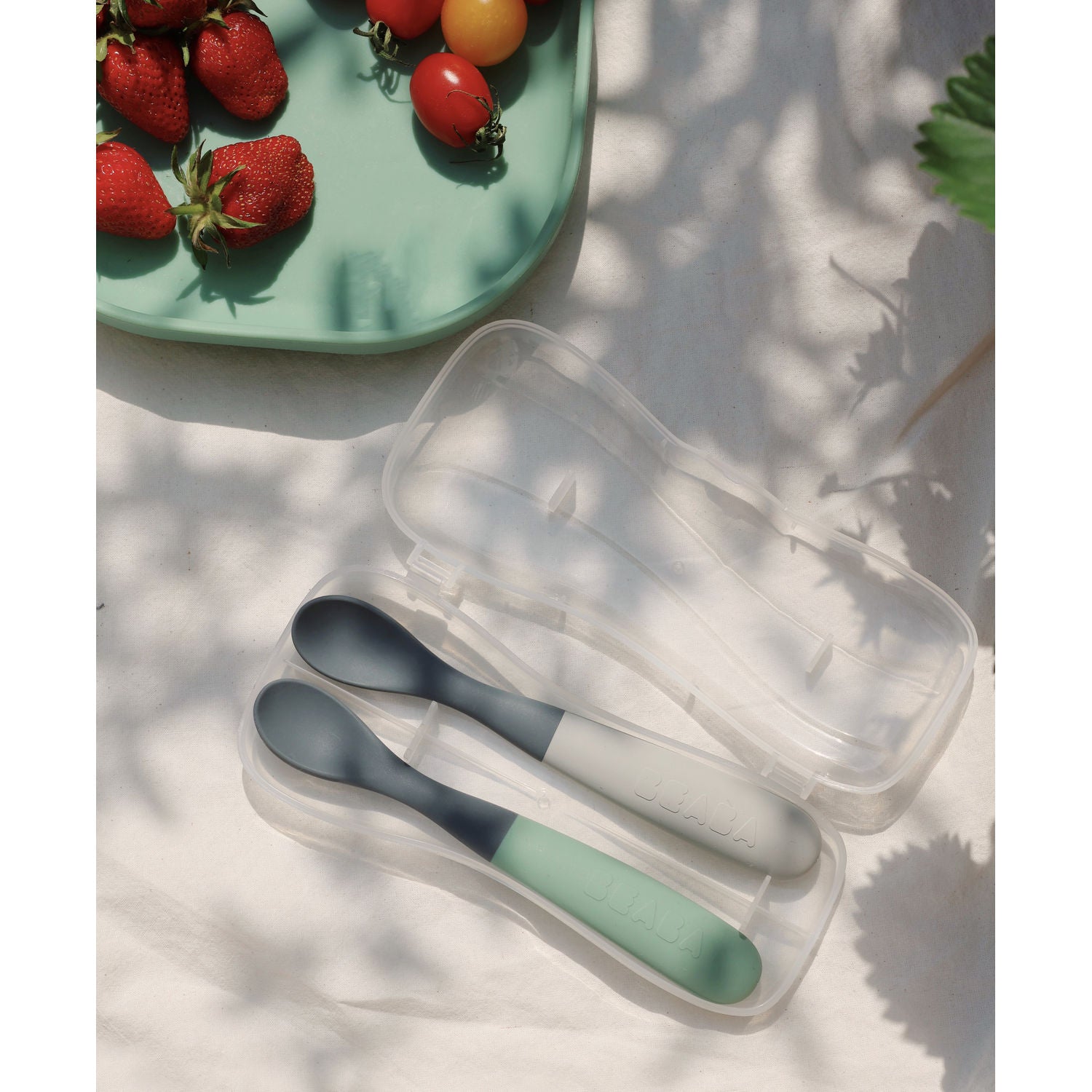 BEABA Baby's First Foods Silicone Spoons Set – Travel Set of 2 – Cloud –  The Piccolina Shop