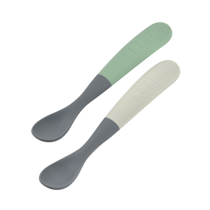 Beaba 1st Age Silicone Spoons Two-tone Travel Set (with case) - Mineral/Sage green